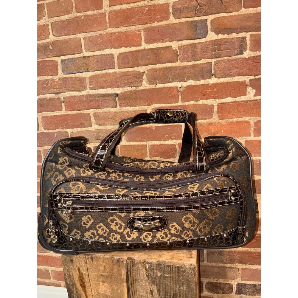 Kathy Van Zeeland‎ Y2K Crown Print Weekender Bag Brown Faux Croc Trim